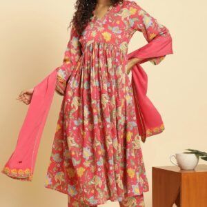 Red Chintz Gathered Kurta, Pants and Dupatta Set