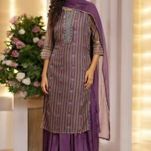 Purple Layered Suzani Printed Kurta, Tights and Dupatta Set