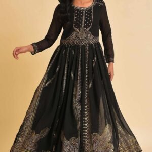 Black Foil Printed Victorian Dress