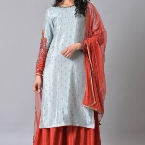 Blue & Orange Embroidered kurta Sharara Set