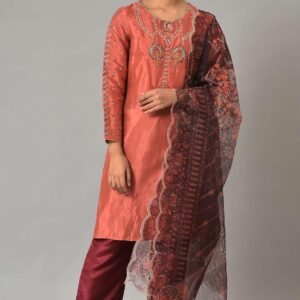Coral Embroidered kurta With Dark Red Pants And Printed Dupatta
