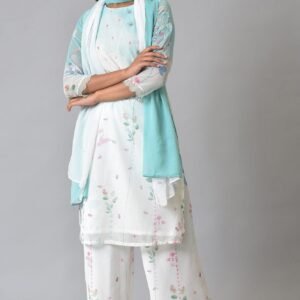 Ecru & Blue Floral Georgette kurta With Parallel Pants And Dupatta