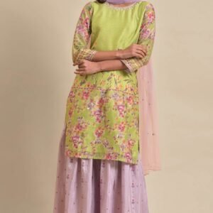 Green Chanderi Floral Printed kurta, Sharara & Dupatta Set