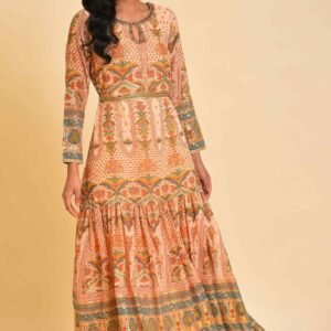 Beige Printed Tiered Dress With Embroidery