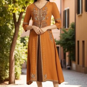 Dark Yellow Printed Godget Dress