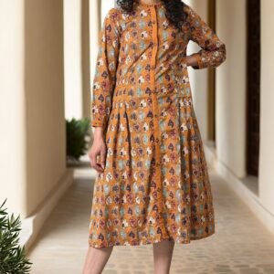 Dark Yellow Printed Pleated Shirt Dress