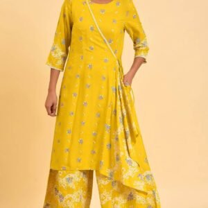 Yellow Glitter Printed Angrakha Jumpsuit