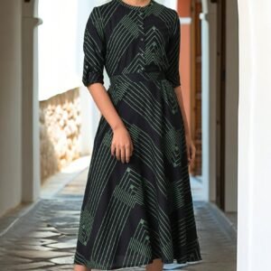 Black Matrix Printed Circular Shirt Dress With Belt