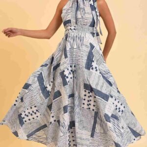 Blue Printed Western Jumpsuit With Pleated Belt