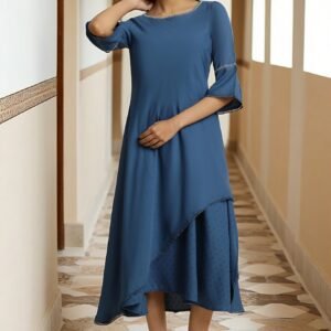 Blue Mock Layer Flared Dress