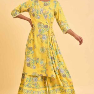 Yellow Printed Angrakha Jumpsuit