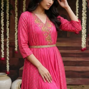 Pink Printed Draped Jumpsuit With Embroidered Belt