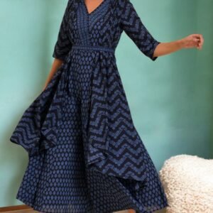 Blue Printed Kimono Jumpsuit With Belt