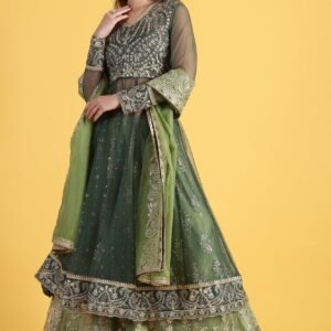 Green Metallic Embroidery Mesh Flared Kurta & Skirt with Dupatta Set