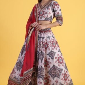 White Embroidered Beads Straight Blouse Top & Skirt with Dupatta Set