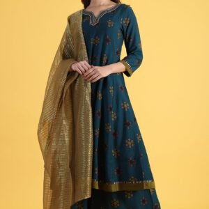 Blue Printed Sequins Flared Kurta & Flared Pants with Dupatta Set