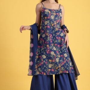 Blue Printed Metallic Embroidery Straight Kurta & Sharara with Dupatta Set