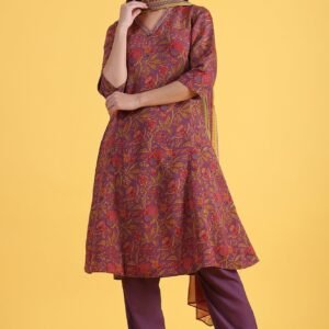 Purple Printed Flarred A-Line Kurta & Straight pant with Dupatta Set