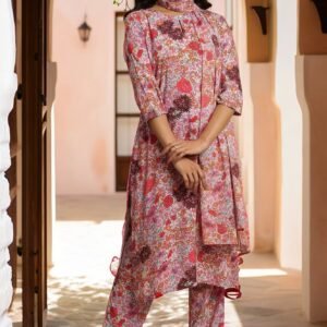 Pink Floral Printed Rayon Kurta, Pants And Dupatta Set