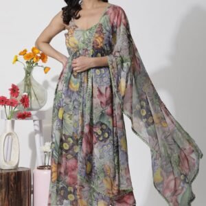Multi-Coloured Floral Printed Kurta, Pants and Dupatta Set